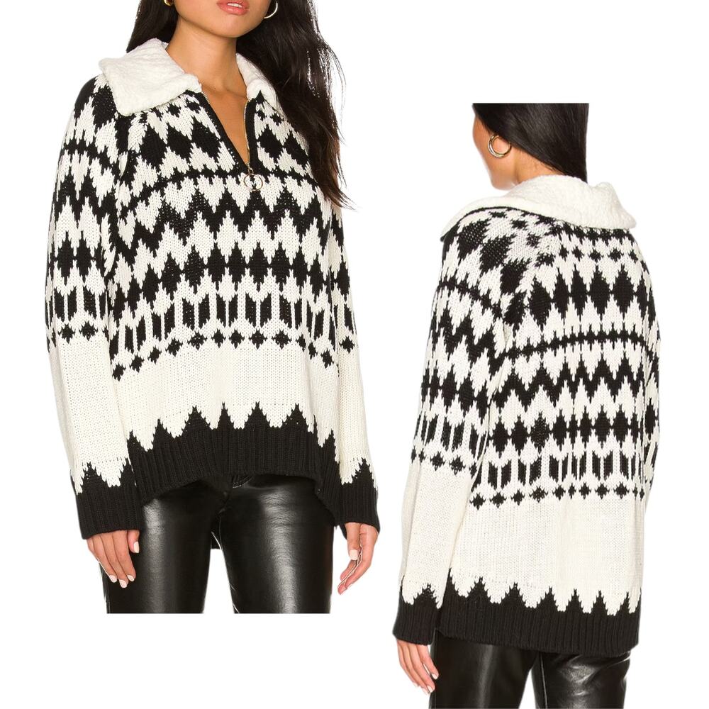 Show Me Your Mumu 'Sun Valley' Pullover Sweater Sherpa Fair-Isle, White Black XS